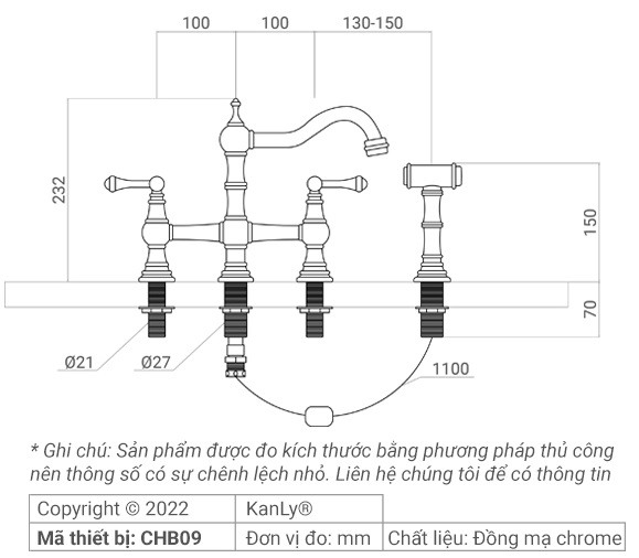 Bản vẽ kỹ thuật vòi âm bàn Kanly CHB09
