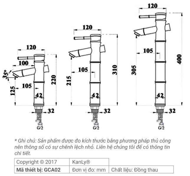 Bản vẽ kích thước vòi lavabo Kanly GCA 02