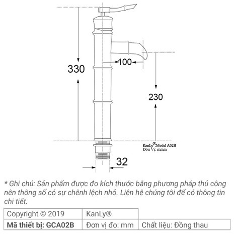 Bản vẽ kích thước vòi lavabo Kanly GCA02B màu đen