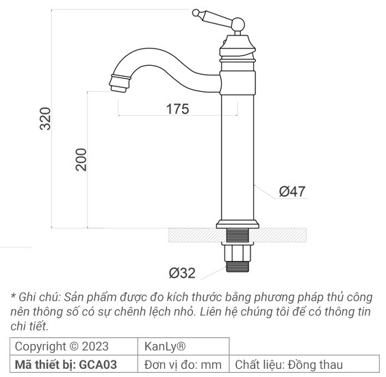 Bản vẽ kích thước vòi lavabo Kanly GCA03