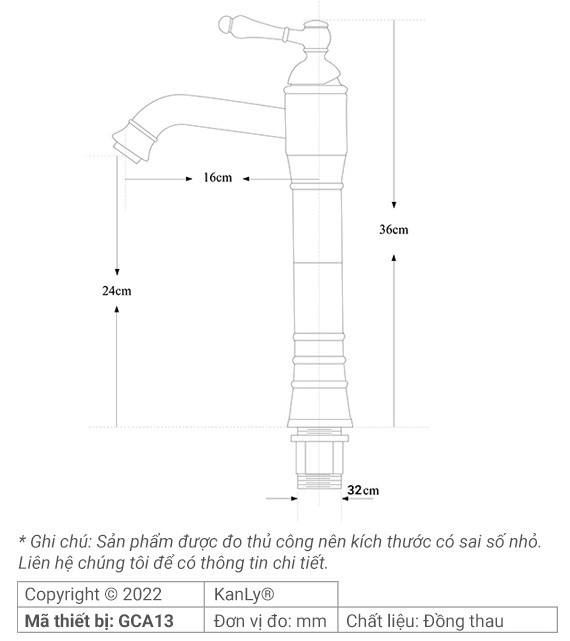 Bản vẽ kích thước vòi lavabo Kanly GCA13