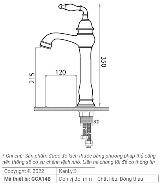 Bản vẽ kỹ thuật vòi lavabo cổ cao Kanly GCA14B màu đen