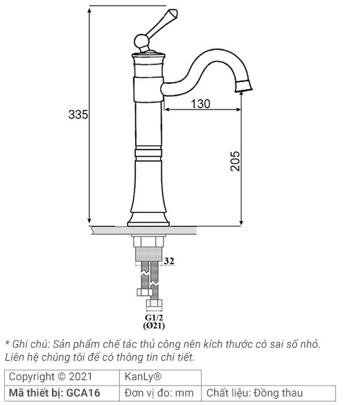 Bản vẽ kích thước vòi lavabo Kanly GCA16
