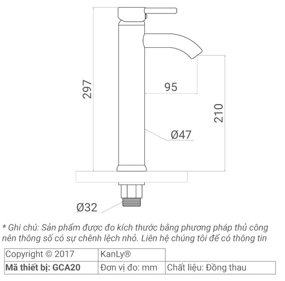 Bản vẽ kích thước vòi lavabo Kanly GCA20