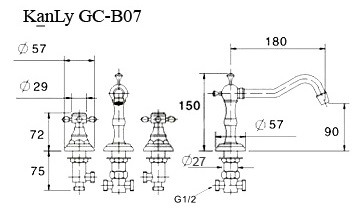 Bản vẽ kích thước vòi lavabo 3 lỗ Kanly GCB07 