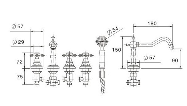 Bản vẽ kích thước vòi lavabo 5 lỗ Kanly GCB08 cổ điển