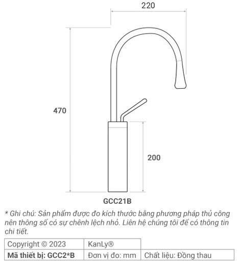 Bản vẽ kích thước vòi lavabo Kanly GCC21B màu đen