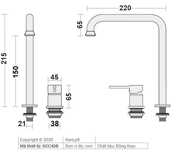 Bản vẽ kích thước vòi lavabo âm bàn Kanly GCC40B màu đen