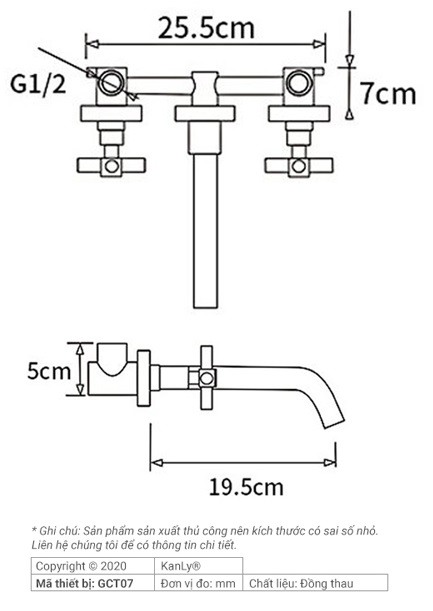 Bản vẽ kích thước vòi lavabo Kanly GCT07 gắn tường