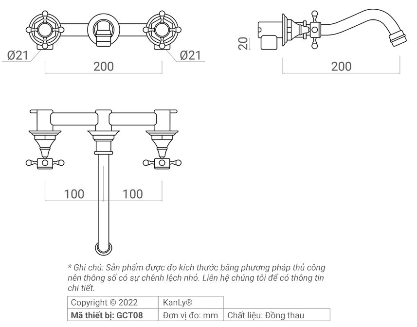 Bản vẽ kích thước vòi lavabo Kanly GCT08 gắn tường