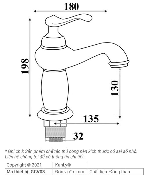 Bản vẽ kích thước vòi lavabo Kanly GCV03
