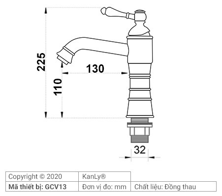 Bản vẽ kích thước vòi lavabo Kanly GCV13 