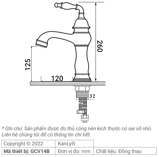 Bản vẽ kỹ thuật vòi lavabo Kanly GCV14B màu đen