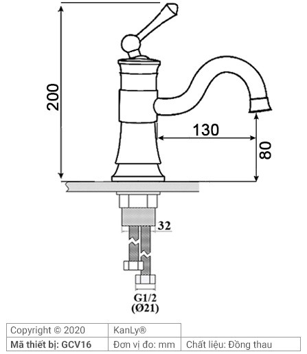 Bản vẽ kích thước vòi lavabo Kanly GCV16