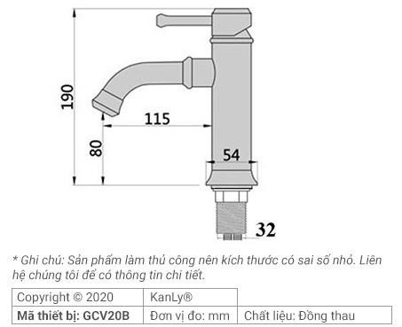 Bản vẽ kích thước vòi lavabo Kanly GCV20B màu đen