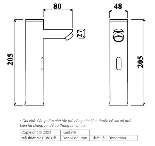 Bản vẽ kích thước vòi cảm ứng gắn lavabo Kanly GCVC1B