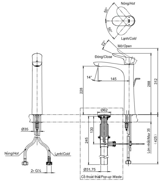 Bản vẽ kích thước vòi TOTO TLG01307B MBL thân cao