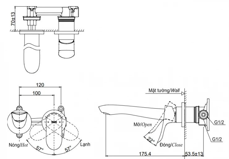 Bản vẽ kích thước  vòi chậu âm tường TOTO TLG01311BB MBL âm tường