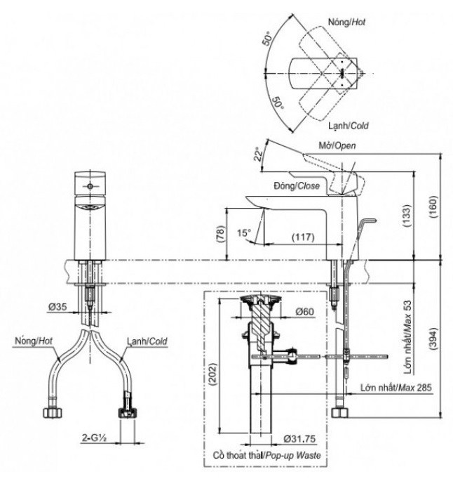 Bản vẽ kích thước vòi lavabo TOTO TLG02301BBFG
