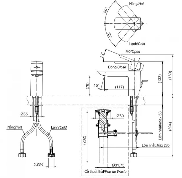 Bản vẽ kỹ thuật vòi nước TOTO nóng lạnh TLG02301B-MBL