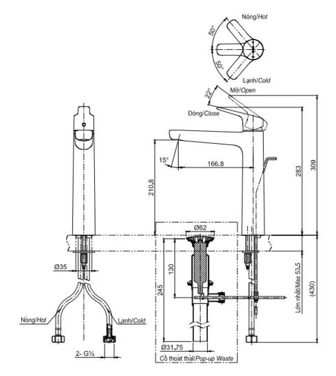 Bản vẽ vòi lavabo TLP02310BA MBLTOTO gắn tường