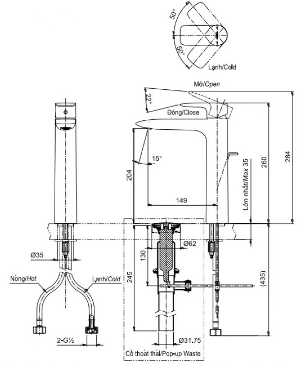 Bản vẽ kích thước vòi chậu rửa mặt TOTO TLG 04307B MBL