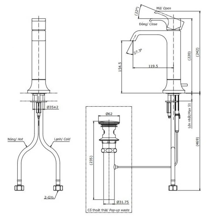 Bản vẽ kích thước vòi nước TOTO nóng lạnh TLG08303B MBL thân vừa