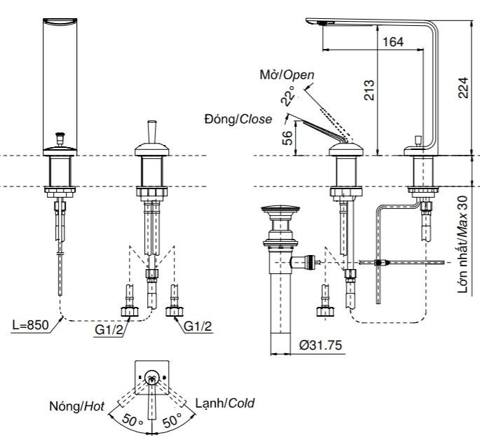 Bản vẽ vòi chậu rửa mặt Toto TLP02307B MBL thân cao