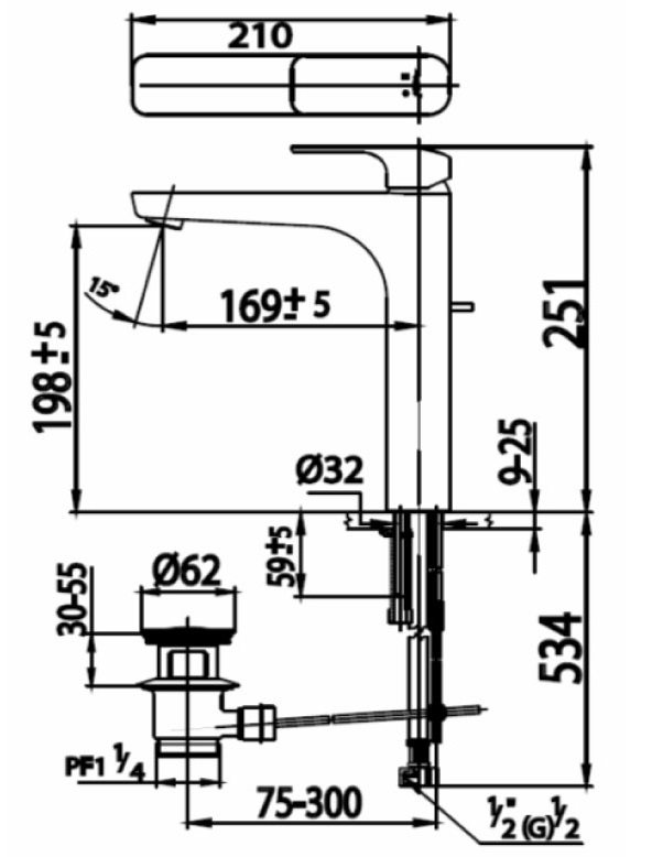 Bản vẽ kích thước vòi chậu rửa mặt cotto  thân cao ct 2144 ay 