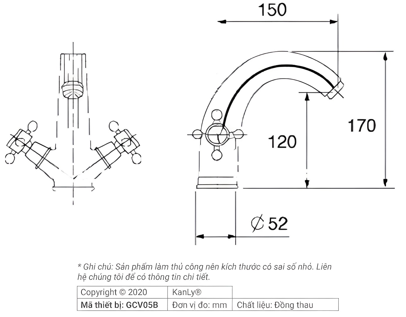 Bản vẽ kích thước vòi lavabo Kanly GCV05B màu đen