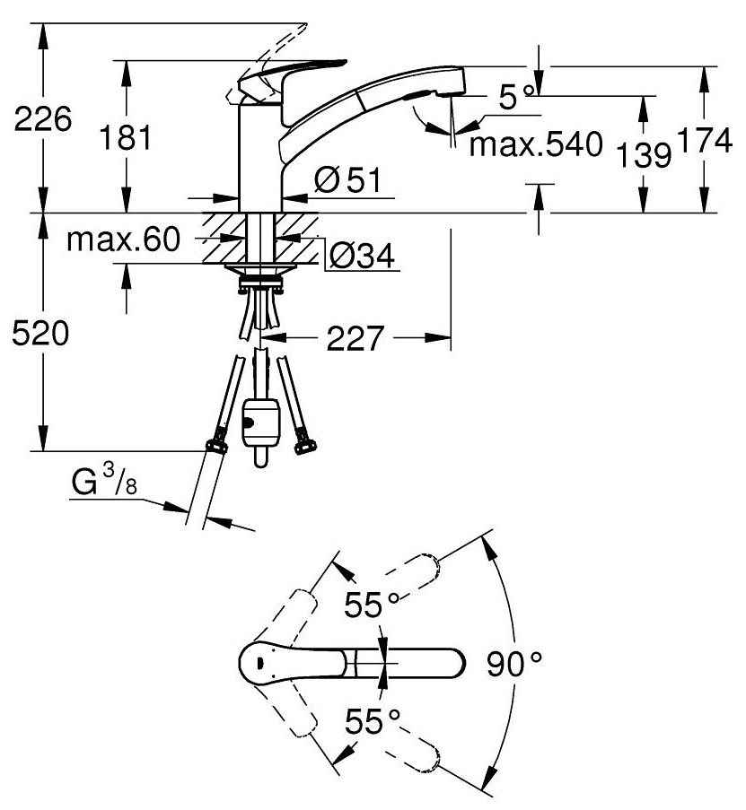 Bản vẽ kích thước vòi bếp 30305001 Grohe rút dây
