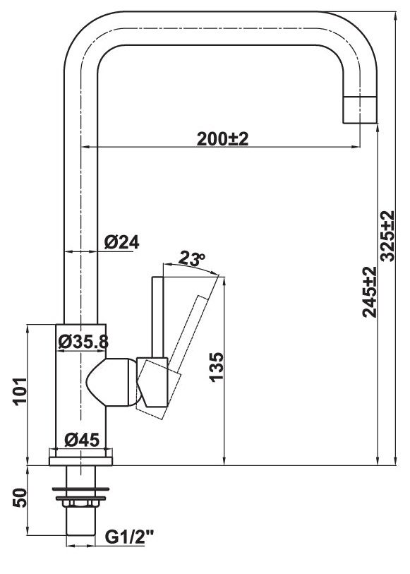 Bản vẽ kích thước vòi bếp Hafele 577.55.260 lạnh