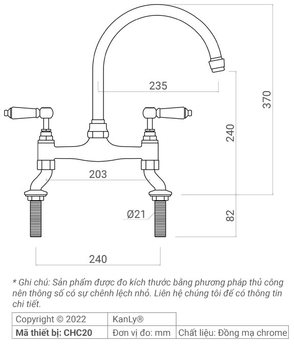 Bản vẽ kích thước vòi bếp nóng lạnh Kanly CHC20