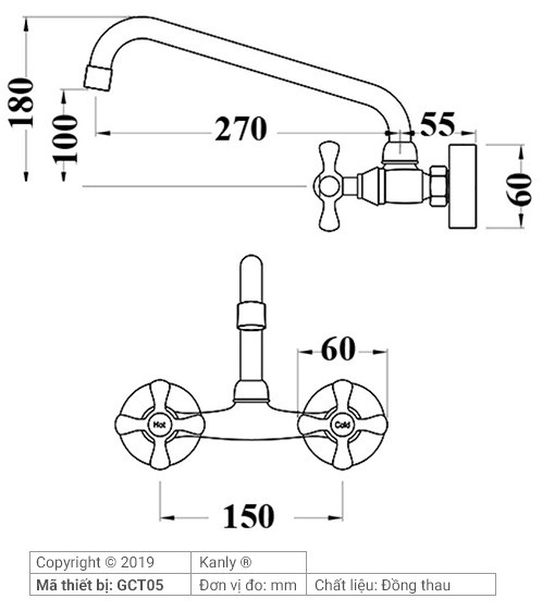 Bản vẽ kích thước vòi rửa chén Kanly GCT05