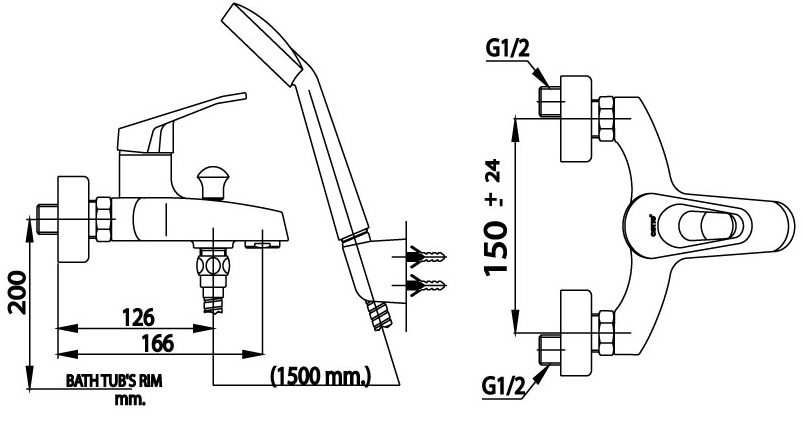 Bản vẽ kích thước vòi sen tắm cotto CT 2172E  nóng lạnh