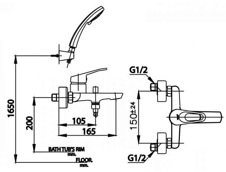 Bản vẽ kích thước vòi sen Cotto CT 3002 AE - Z86