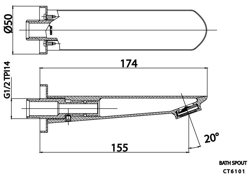 Bản vẽ kích thước vòi xả bồn âm tường Cotto ct 6101 