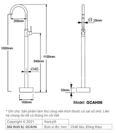 Bản vẽ kỹ thuật vòi sen xả bồn tắm bằng đồng Kanly GCAH6 đặt sàn
