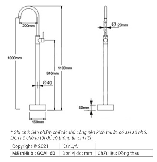 Bản vẽ kích thước vòi xả bồn tắm Kanly GCAH6B đồng thau