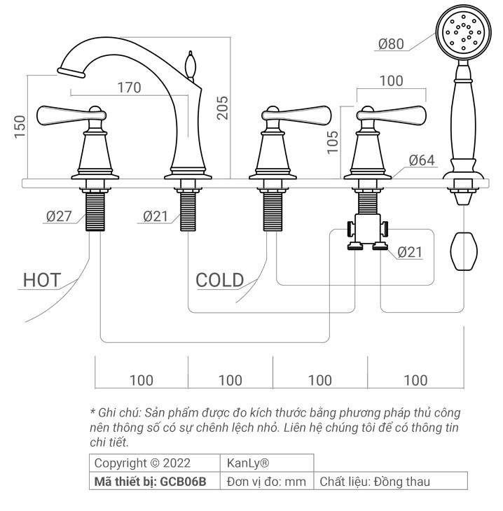 Bản vẽ vòi xả bồn tắm Kanly GCB06B đồng thau nóng lạnh