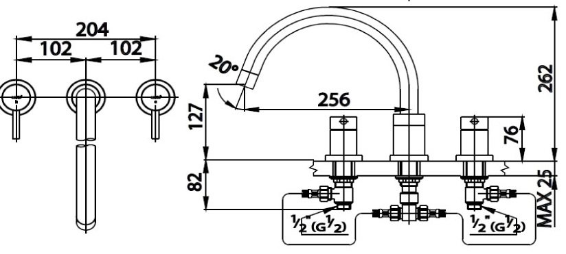 Bản vẽ kích thước sen xả bồn tắm Cott ct 2082  cho bồn xây bệ