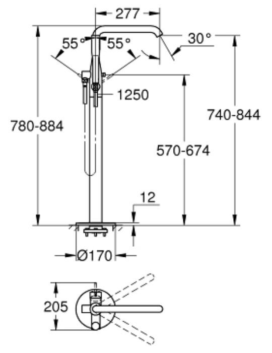 Bản vẽ kích thước vòi xả bồn tắm Grohe 23491GL1 đặt sàn