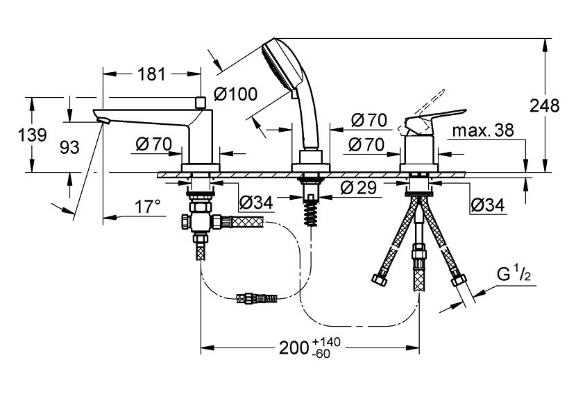 Bản vẽ kích thước vòi bồn tắm 2511700A Grohe BauEdge