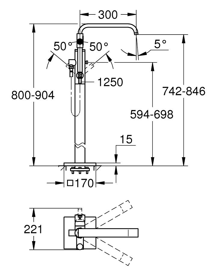 Bản vẽ vòi sen xả bồn Grohe 32754002 Allure đặt sàn