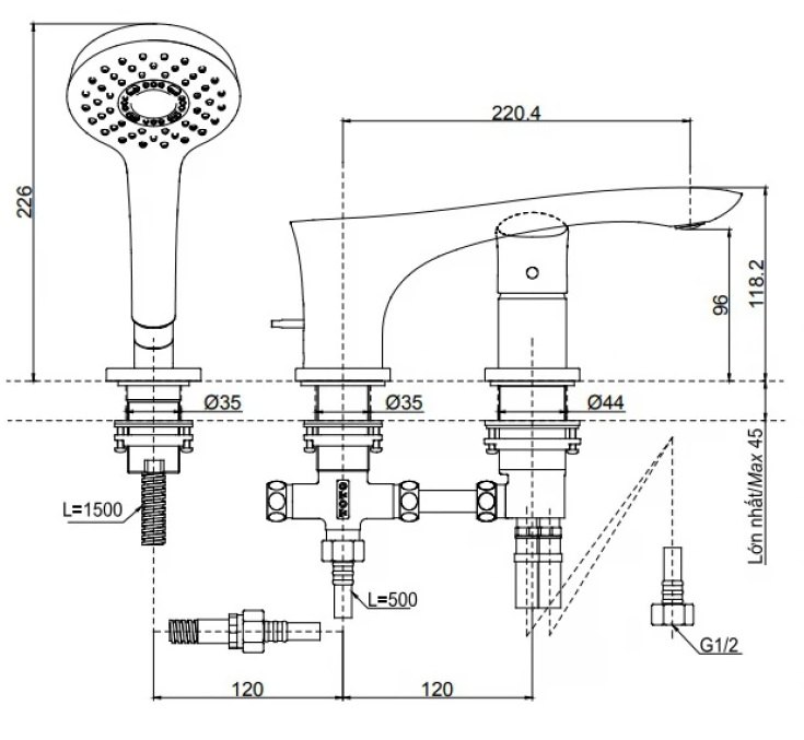 Bản vẽ sen tắm xả bồn TBG01305BC MBL gật gù có tay sen cầm tay