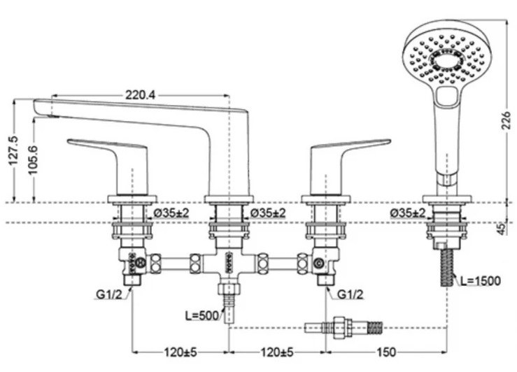 Bản vẽ kích thước vòi xả TBG 03202BC MBL TOTO gắn thành bồn tắm