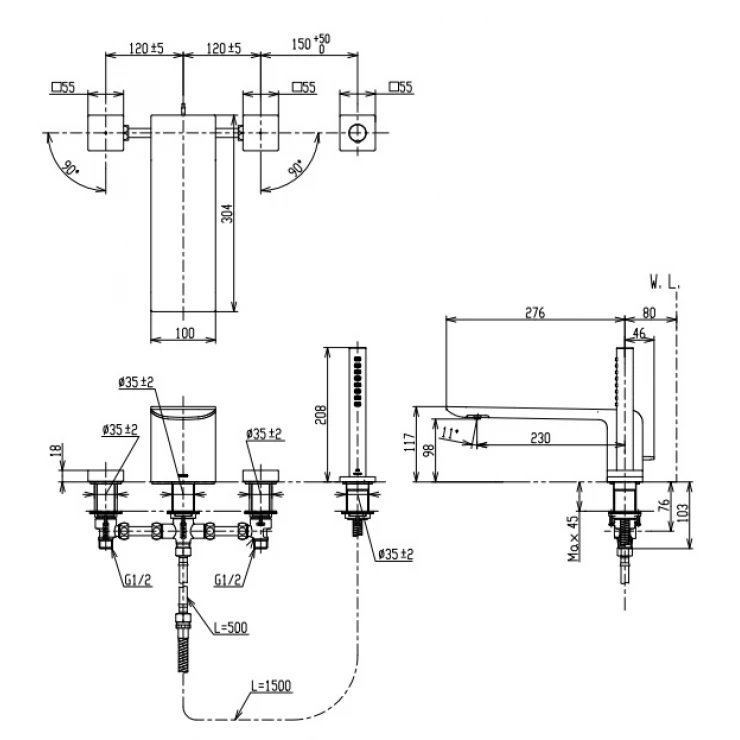 Bản vẽ sen tắm xả bồn TBP 02202A MBL có tay sen cầm tay