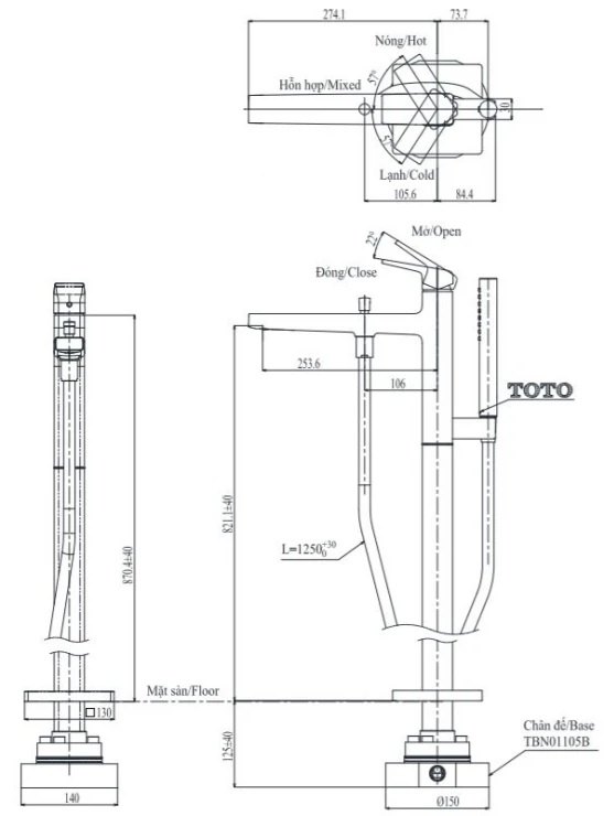 Bản vẽ vòi đặt sàn TOTO TBG 10306AA MBL xả bồn tắm lập thể