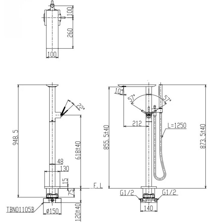 Bản vẽ vòi đặt sàn TOTO TBP 02303AA MBL xả bồn tắm lập thể
