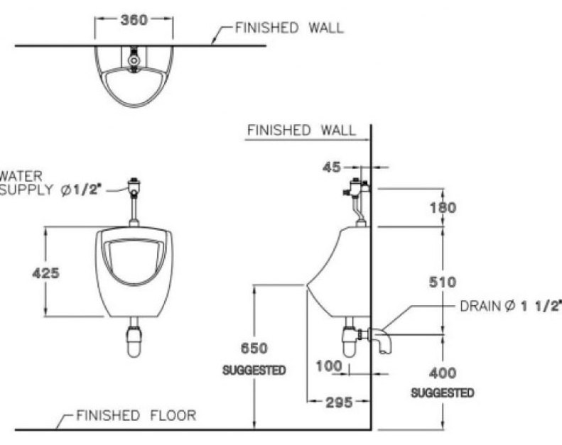 Bản vẽ kích thước bệ tiểu nam Cotto C 3080